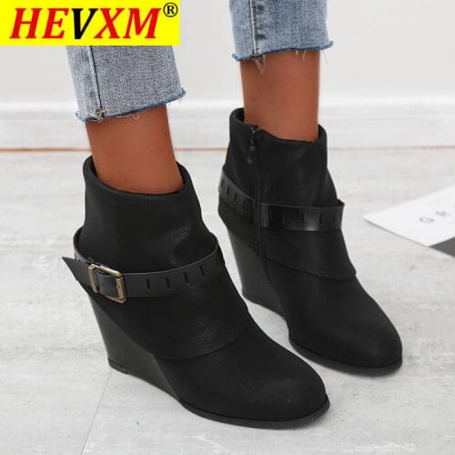 2021 Women Ankle Boots Chaussure High Heels Pumps Booties Plus Size Autumn Wedges Pu Leather Shoes Woman Zapatos Mujer Sapato