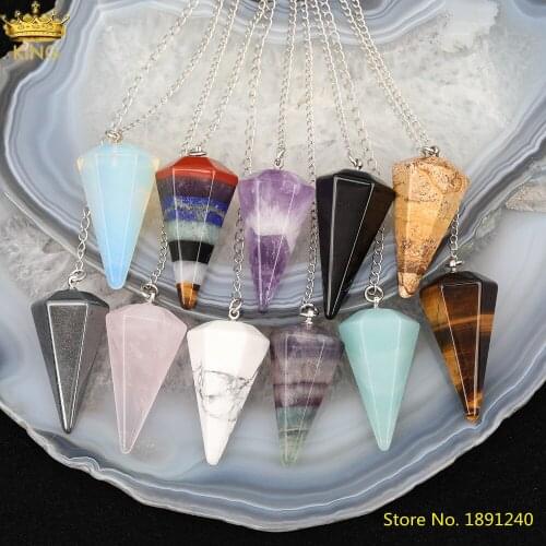 5Pcs/Lot Natural Amethysts Quartz Tiger Eye Opal Stone Hexagonal Point Healing Pendulum Chains Chakra Jewelry JXD-49KBH