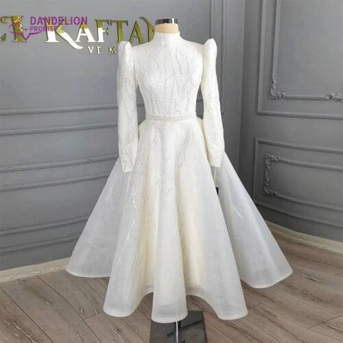 Arabic White Long Sleeve Muslim Evening Dresses For Women 2021 A-Line Beadings Lace High Neck Formal Party Gowns