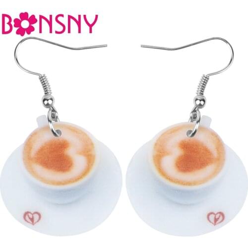 Bonsny Acrylic Round Heart Coffee Cup Earrings Printing Big Dangle Drop Jewelry For Women Girl Kid Trendy Gift Party Accessories