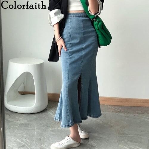 Colorfaith New 2021 Womens Skirts Spring Autumn Vintage High Waist Trumpet Denim Split Package Hip Wild Lady Long Skirts SK2326