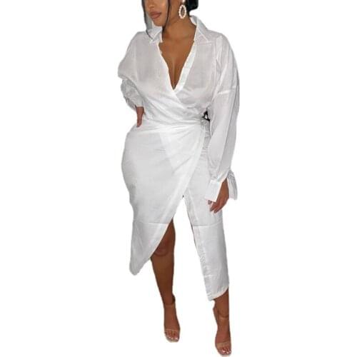 Long Sleeve V Neck Tunic Slit Dress Elegant OL Shirt Dress