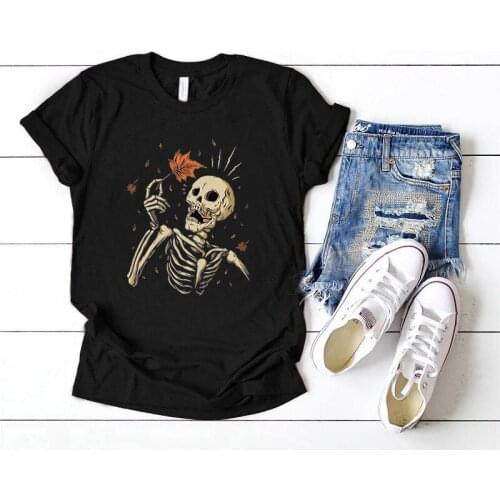 Cartoon Skull Leaf Print Harajuku Shirts for Women Graphic Tee Punk Clothes Women Clothes Streetwear Women Top