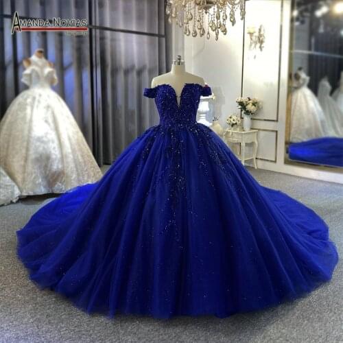 Off the shoulder lace straps bridal dress royal blue wedding dresses