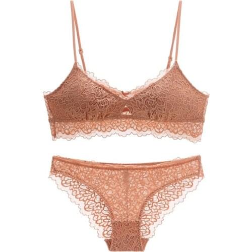 Cup triangle full lace wire free pullover cotton Brassiere with pad and panties small underwear sets hollow out comfortable