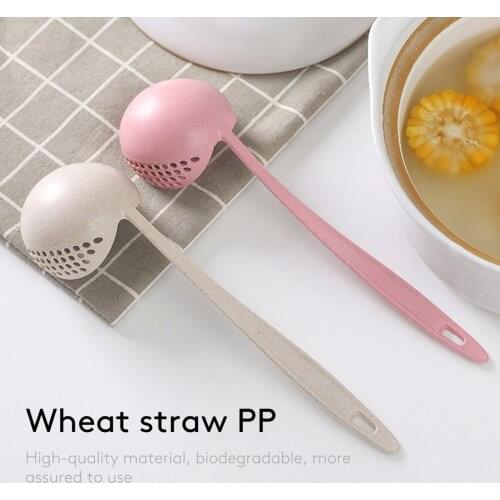 Multifunctional Kitchen Two In One Spoon Filter Screen Wheat Straw Spoon Long Handle Lovely Porridge Spoon Kitchen Colander Tool