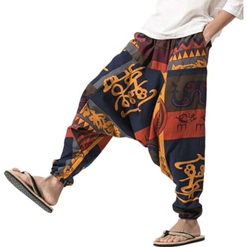 Mens Cotton Casual Beach Pants Harem Yoga Baggy Genie Boho Pants，Aladdin Pants and Harem Pants