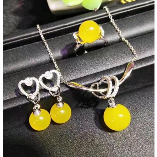 Natural ice yellow chalcedony pendant ring earrings green chalcedony set 925 silver inlaid three-piece fashionable fresh