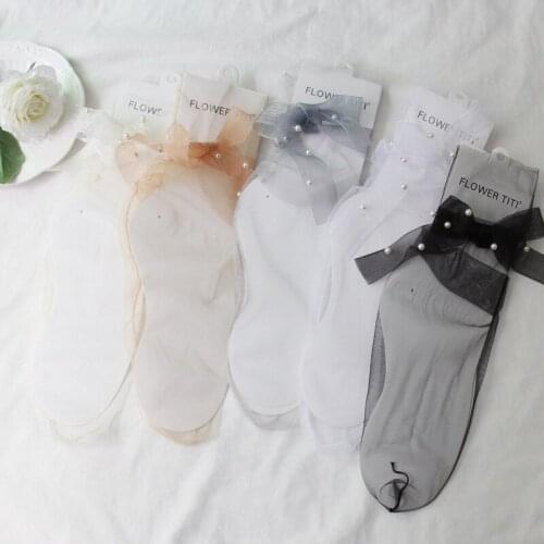1Pair Lace Up Socks Women Bowknot Pearls Transparent Tulle Sock for Summer Breathable Ultra-Thin Ladies Ankle Socks Female Sox