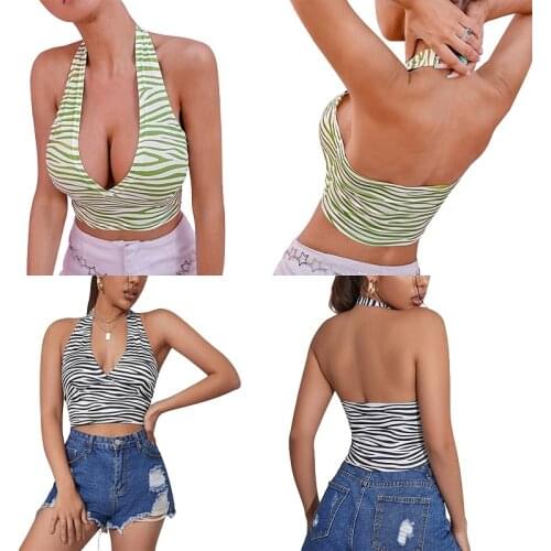 2021 New Summer Woman Girls Sleeveless Backless Zebra Striped Tank Tops Halter Tee Shirts Fashion Clothes