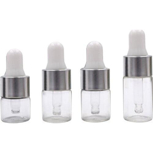 50Pcs Drop Eye Liquid Pipette Bottle 1/2/3ml Clear Glass Essential oil Aromatherapy Dropper Bottles Silver Aluminum Cap Reagent