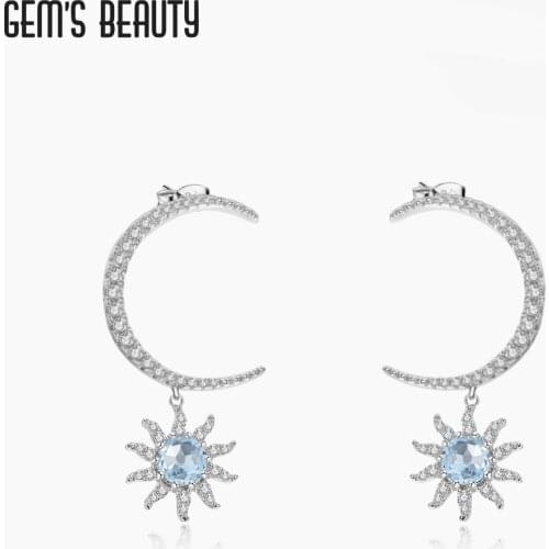 GEMS BEAUTY 925 Sterling Silver Earring Sun Halo Round Natural Sky Blue Topaz Handmade Studs Earring For Women Romantic Gift