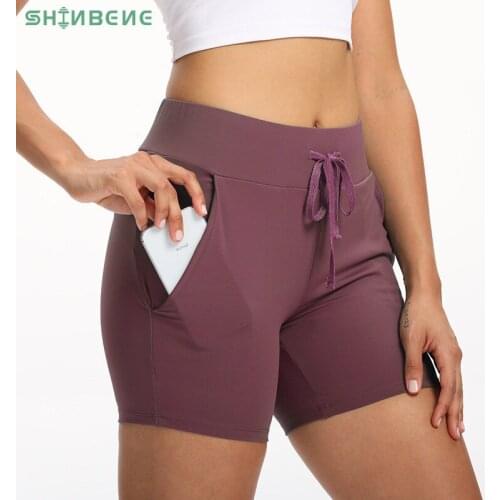 SHINBENE Drawstring Relaxed Fit Sport Yoga Training Shorts Women Stretchy Soft Nylon Workout Fitness Athletic with Pocket 4.5