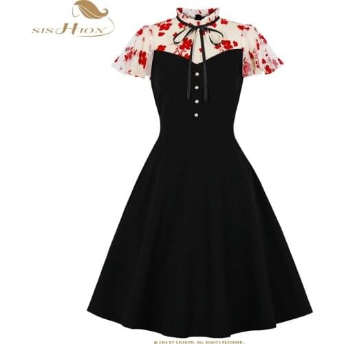 SISHION Tulle Mesh Decoration Floral Elegant Black Dress VD2271 Vintage Halloween Gothic Party Dress