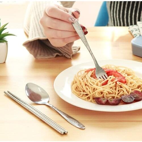 Nordic plain and fashionable stainless steel chopsticks, spoons and forks three piece outdoor portable tableware set