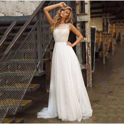 Bohemian Wedding Dress A-Line O-Neck Tank Lace Appliques Sequined Backless Pearls Sashes Floor Length Sweep Train Bride Gown New