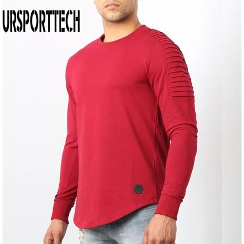 URSPORTTECH T shirt Men Big Size Long Sleeve O-neck Solid Folds Full Sleeve T shirt Men Casual Shirts For Men Fitness Tops Tees