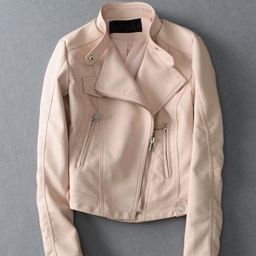 Women Faux PU Short Soft Leather jacket Autumn Stand collar Oblique zipper Slim Plus size Female Casual Biker Leather Outwear