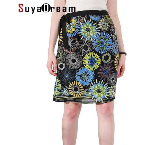 Women Silk Skirt 100%Real Silk Crepe Printed Skirts High Waist Knee Length 2020 Spring Summer New Office Lady A-line Skirt