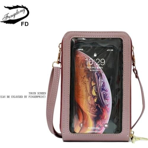 Fengdong touch screen mobile phone bag mini one shoulder bag small crossbody bags for women PU leather purse credit card case