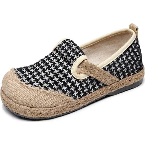 Ladies Handmade Cotton Linen Slip-On Shoes Vintage Houndstooth Embroidered Women Casual Comfort Sneakers Flat Hemp Loafers