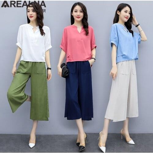 Women Irregular v-neck T Shirt + Wide leg pants Suits Cotton linen summer 2 piece set women Elegant Woman Two Piece Set outfits