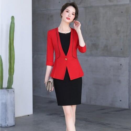 New 2020 Fashion Red Blazer Women Dress Suit Ladies Business Work Wear Uniforms Half Sleeve Clothes