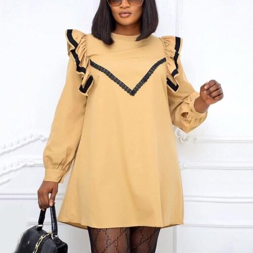 2021 Autumn Winter New Women Dress Solid Color Ruffles Full Sleeve Straight Loose Fashion Office Work Wear Vestidos Mujer Dress