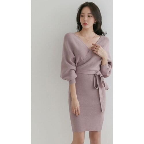 New Autumn Knitting Dress Women Batwing Sleeve Sexy V-neck Knitted High Waist Good Elastic Elegant Korean Office Lady Vestido
