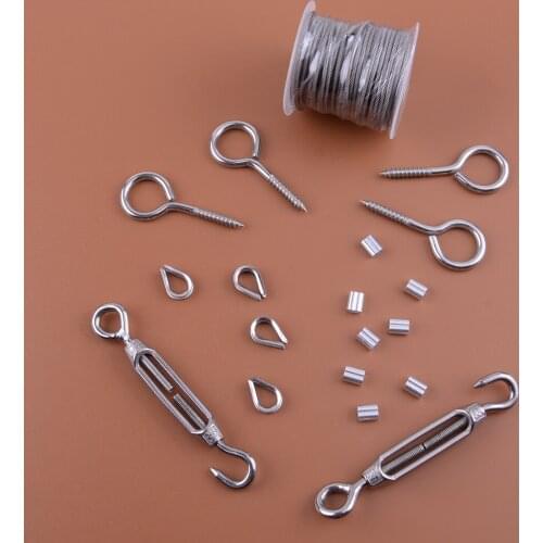 19Pcs/Set Silver 15M 2mm Convenient Wire Rope Cable Hooks Hanging Plant Tent Curtain Clothesline 304 Stainless Steel