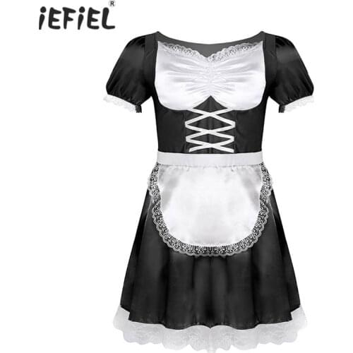 3Pcs Gay Mens Sissy Maid Dress Uniform Sexy Fancy Erotic Costume Babydoll Outfit Short Sleeves Satin Dress Sexy Lingerie Costume