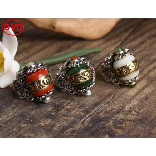 925 Sterling Silver Natural Jade White Jade Southern Red Six-character Mantra Lively Adjustable Weightless Infinite Rotation Rin