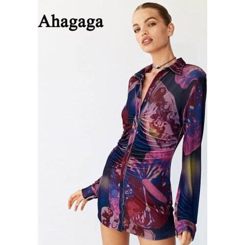 Ahagaga 2021 Autumn Print Shirt Dress Women Fashion Tie Dye Lapel Long Sleeve Button Skinny Bodycon Women Mini Dresses Vestidos