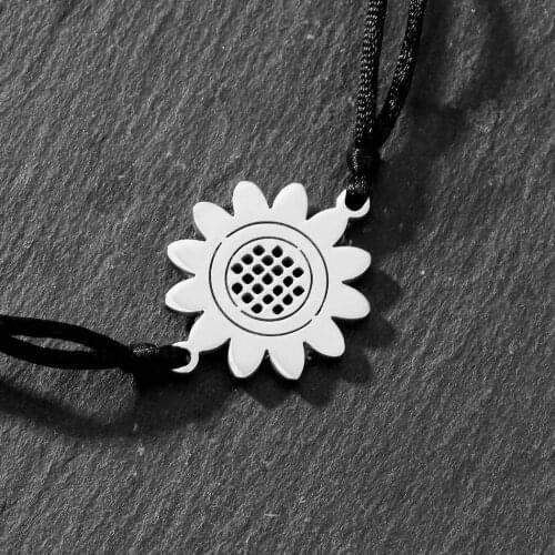 Men Womens Fashion Simple Titanium Steel Sunflower Bracelet Hand Knitted Leather Rope Silver Color Bracelet Summer Jewelry