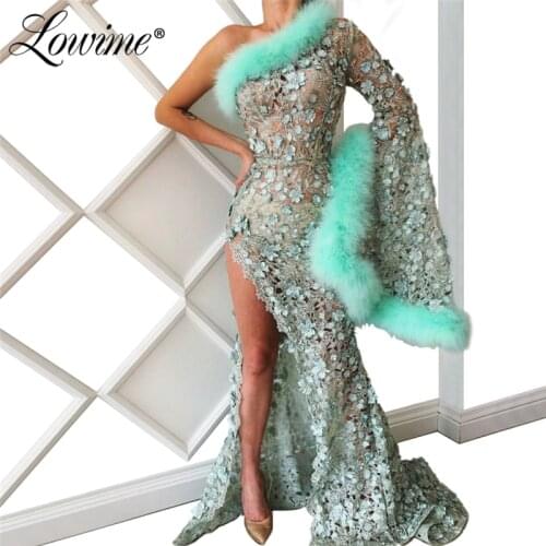 Feather Kaftans One Shoulder Evening Dress 2019 Lace Pageant Party Gowns Puffy Sleeves Long Prom Dresses Abendkleider Abiye