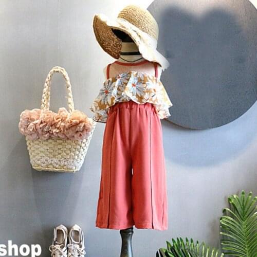 MERI AMMI 2pcs Children Girl Clothing Outfit Set Floral T-shirt+Loose Pants Cut off For 2-7 Year Toddler Baby Kids