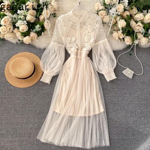 Gagarich Chic Dress Woman 2021 New Spring Summer Gentle Elegant Temperament Vintage Embroidery Puff Sleeves Lace Female Vestidos