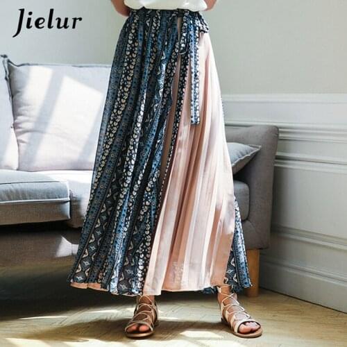 Jielur 2021 Stitching Chiffon Womens Skirt New High Waist Skirts Pleated A-line Drawstring Skirt Vintage Bohemian Spring Summer