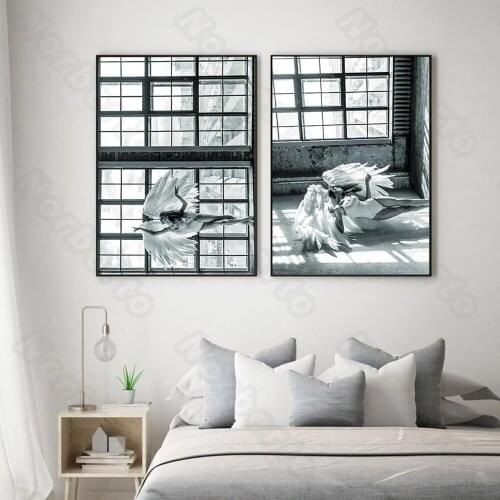 Modern Style Canvas Painting Charming Dancing Women with White Feather In Front of Big Window Poster for Home Rooms Wall Decorat