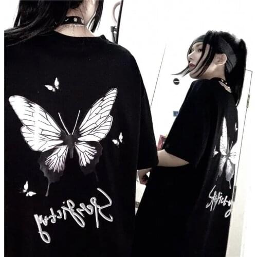 Cool Black Gothic T Shirt For Girl Funny Female Kawaii Punk Tee Fashion Japan Harajuku Butterfly T Shirt Hip Hop Clothes Shirts