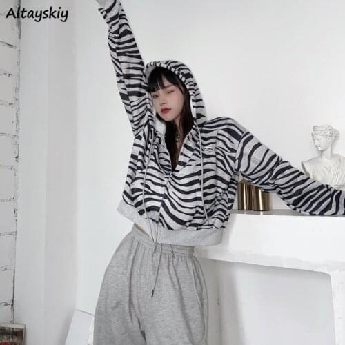 Jackets Women Zebra Striped with Hat Casual Harajuku Couple Streetwea Teens Long Sleeve Spring Autumn Outwear Casual All-match