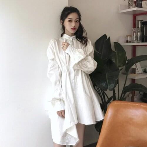 Palenda 2021 New Women Fashion Shirt Oversized Loose Shirt Irregular Shirt Skirt Waist Slimming White Skirt Long-sleeved Dress