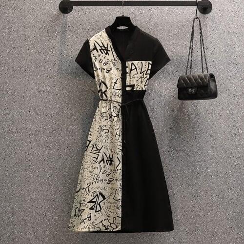 Plus size Office Ladies Elegant Patchwork Dresses Summer V Neck Short Sleeve Letter Print Vintage Midi Dresses Female Black Robe