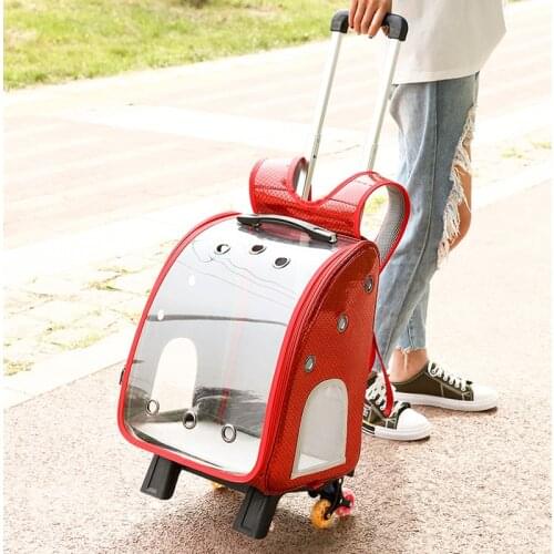 Pet Trolley Backpack Carrier For Cat Portable Outside Transparent Cat Carrier Both Shoulders Knapsack Ventilation Draw Bar Box