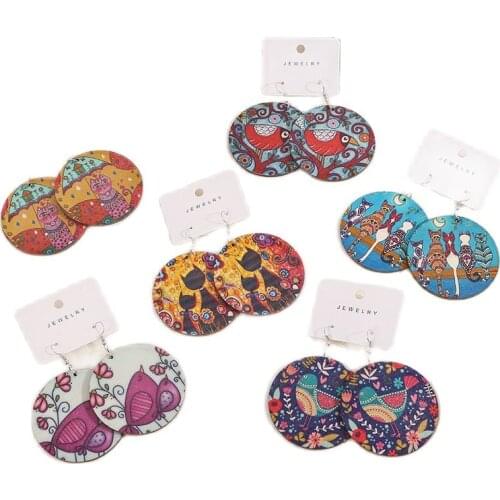 46 Style Cartoon pattern Design Earrings Wood double sided printing Drop Earrings for summer woman decorate 60mm cp2774