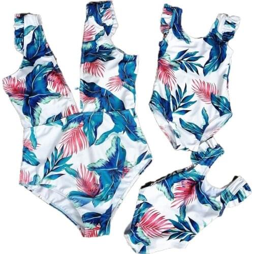 Leaf Swimsuit One-Piece Mother Daughter Swimwear Beach Family Matching Outfits Look Mom Baby Mommy and Me Bikini Dresses Clothes