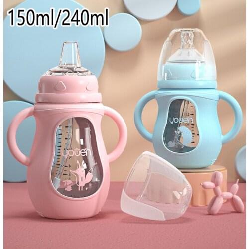 Newborn Glass Baby Bottle Silicone Straw Water Bottle Baby Feeder Set Duckbill Cup Gravity Ball Straw Simulation Nipple