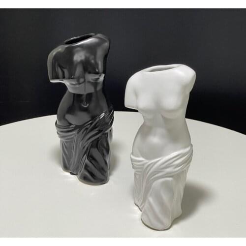 Handmade White Black Ceramic Female Body Bust Vase Creative Half-body Flower Vase Pot Tabletop Collectible Art Nordic Home Decor