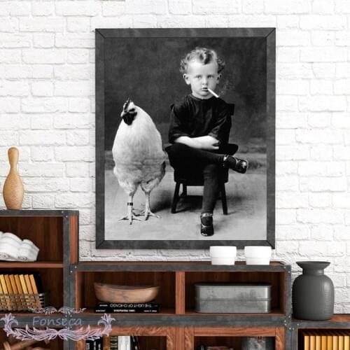 Vintage Photography Style Poster Funny Boy Smoking With His Chicken Pet Antique Portrait Art Canvas Painting Wall Art Decor