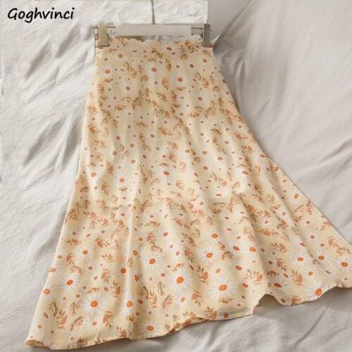 Skirts Women Floral Printed Chiffon Soft Elegant Mid-calf Colorful Retro Summer Elastic Waist Empire Designed for Ladies Fashion